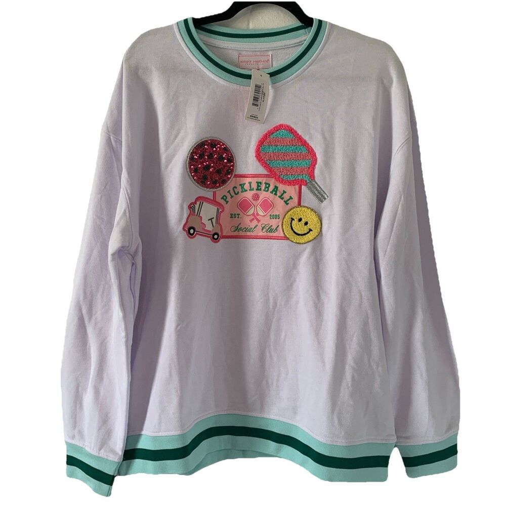 Simply Southern Womens XL Crew Neck Sweatshirt Pickleball Sequins Fuzzy NEW‎
